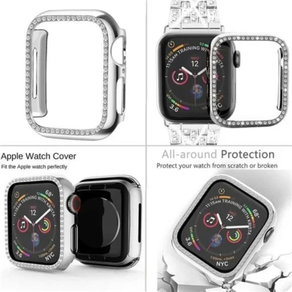 New Silver Rhinestone Bling Apple Watch Band+ Case - Picture 4 of 5
